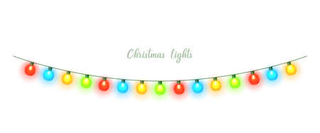 Christmas lights isolated. Colorful Xmas garland. Vector glowing light bulbs on wire strings.のイラスト素材