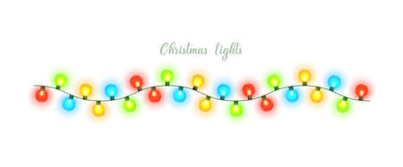 Christmas lights isolated. Colorful Xmas garland. Vector glowing light bulbs on wire strings.のイラスト素材
