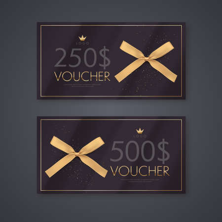 Gift voucher with gold ribbon and bow. Discount luxury coupon. Vector illustration