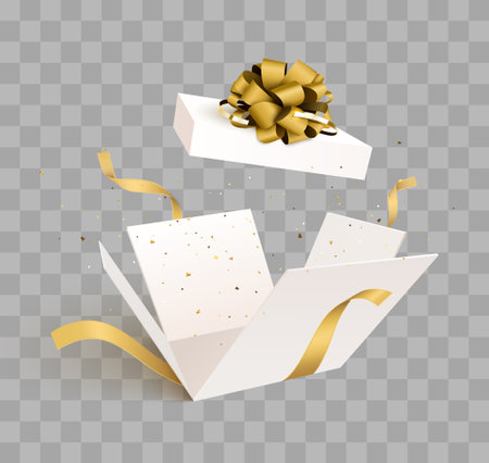 Open gift box with confetti burst explosion isolated. 3d vector background.のイラスト素材