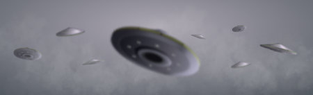 UFO spaceship with yellow light beam isolated on grey background. Vector illustration