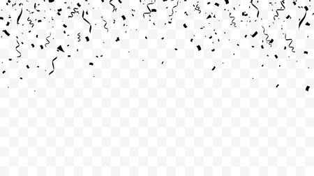 Black confetti background. Festive backdrop. Party design with golden ribbons. Vector illustrationのイラスト素材