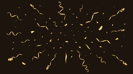 Gold confetti burst. Festive backdrop. Party background with golden ribbonsのイラスト素材