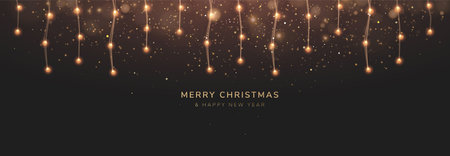 Christmas Background with Glowing Christmas Lights and Glitter Particles. Vector illustrationのイラスト素材