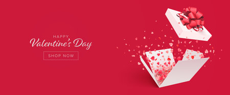 Valentines day Background with Open Gift Box and Hearts Confetti. Romantic Vector Banner.のイラスト素材