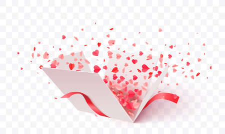 Open Gift Box with Hearts Confetti Burst. Valentines Day. Vector Designのイラスト素材