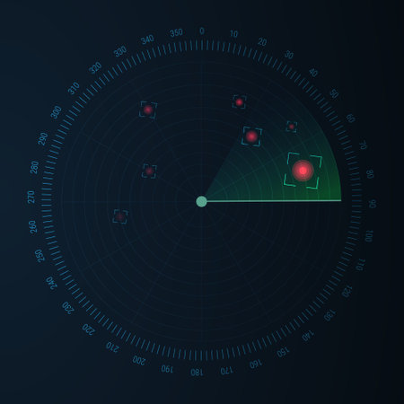 Radar screen background. Vector sonar illustration. Military scan system.のイラスト素材