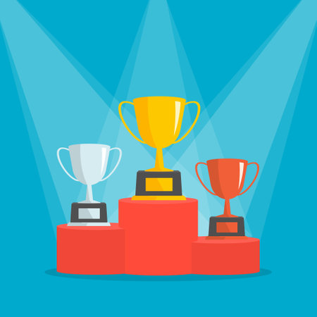 Winners podium with trophy cups and spotlights. Vector award nomination background.のイラスト素材