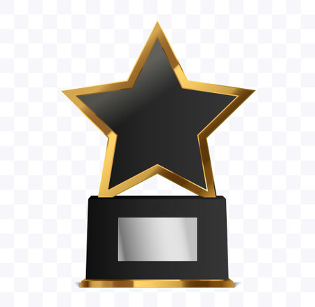 Star shape trophy award isolated. Vector illustration of gold prize on black platformのイラスト素材