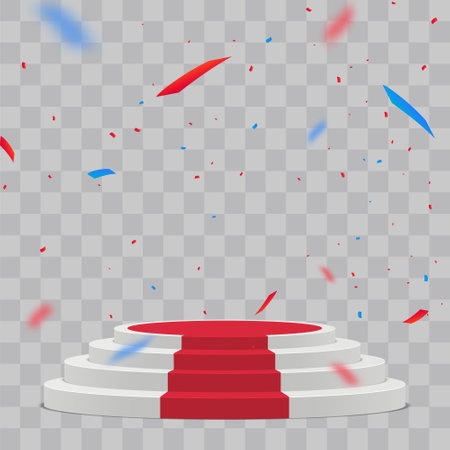 Empty white stage with red carpet and with confetti. Winner vector backgroundのイラスト素材