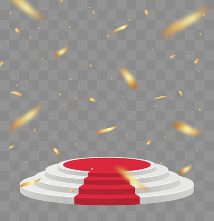 Empty white stage with red carpet and with gold confetti. Winner vector backgroundのイラスト素材