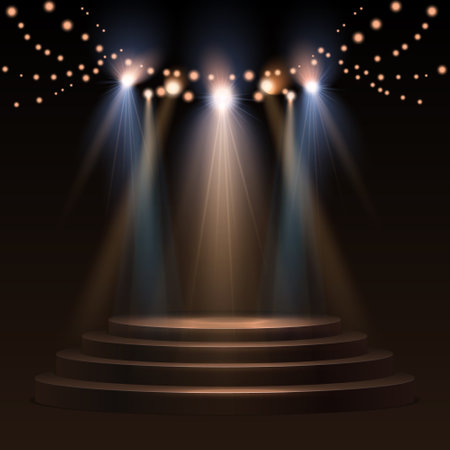 Spotlights With Stage. Gold Light Vector Effect. Round Podium And Light Rays.のイラスト素材