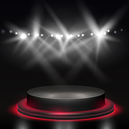 Spotlights With Stage. Light beams with scene. Vector round Podium And Light Rays.のイラスト素材