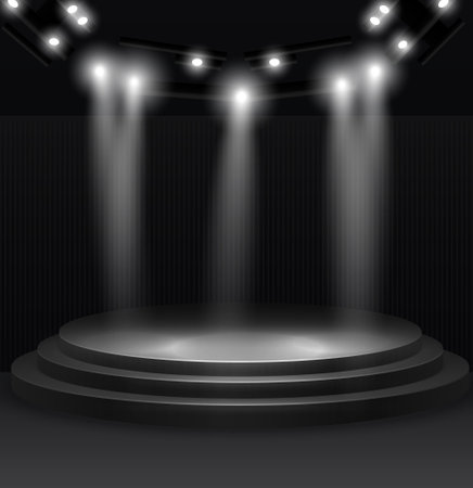 Spotlights With Stage. Scene with lights and beams. Round Podium And Light Rays.のイラスト素材