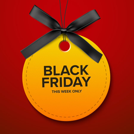 Black Friday sale tag, Yellow price label with black ribbon. Vectorのイラスト素材