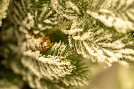 Winter background with snow-covered mountain ash and spruce branch with cones. Spruce branches, fir cones and red berries in the snow in the cold. Christmas still lifeの写真素材