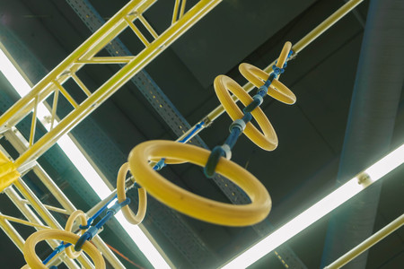 Children's obstacle course. Rings, cylinders and supporting structures. Selective focusの写真素材
