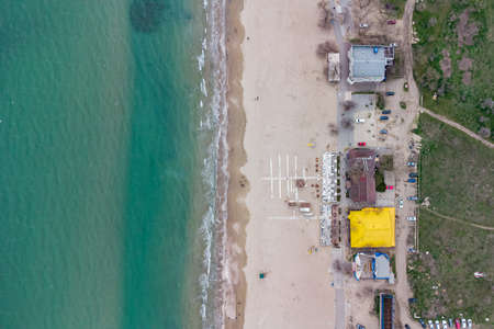 View of the city of Odessa, Luzanovka beach, Black Sea and Kuyalnitsky estuary. Photo from a helicopterの写真素材