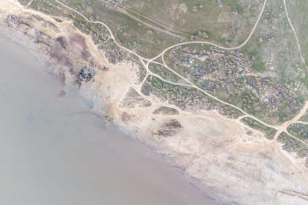 Drying lake as a result of climatic changes - Kuyalnitsky estuary. Sandy bottom of a dried-up lake. View from the helicopterの写真素材