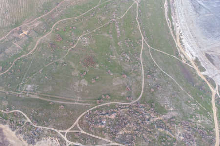 Drying lake as a result of climatic changes - Kuyalnitsky estuary. Sandy bottom of a dried-up lake. View from the helicopterの写真素材