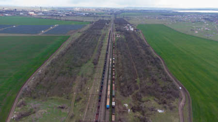 Railroad and trains top view. Early spring. Odessa. Ukraine.の写真素材