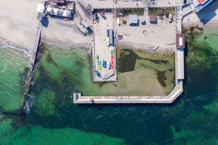 View from the helicopter to the Lanzheron beach. Sandy beach and sea bay. Odessa. Ukraineの写真素材