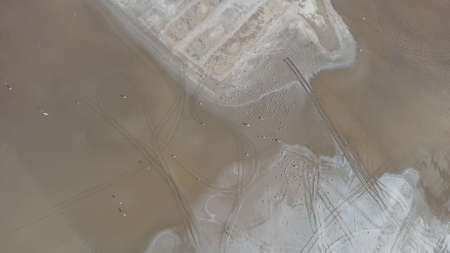The bottom of a dried up salt lake. View from the air. Traces of cars and motorcycles in the sand. A flock of seagulls are standing on the sandの写真素材