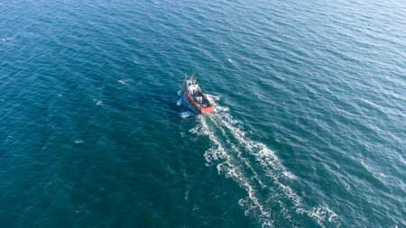 up view of sea water and boat in summerの写真素材