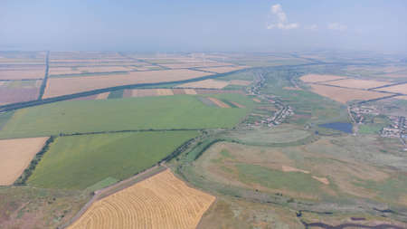 Wheat field in summer by the sea after harvest. Aerial viewの写真素材