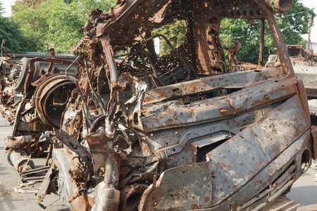 Destroyed military equipment of the Russian army in the war with Ukraine. Freight car.の写真素材