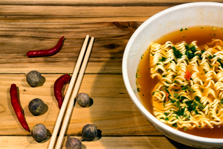 Instant noodles in white bowl