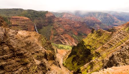 The top of Waipo'o Falls is seen in the Waimea Canyon on Kauai, Hawaii.の写真素材