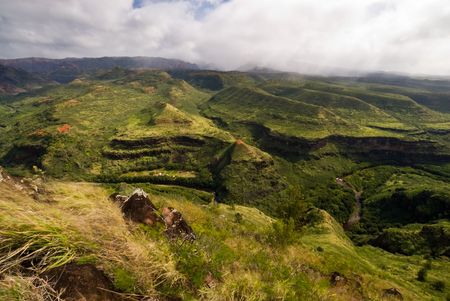 A small farm sits within Waimea Canyon on Kauai, Hawaii.の写真素材