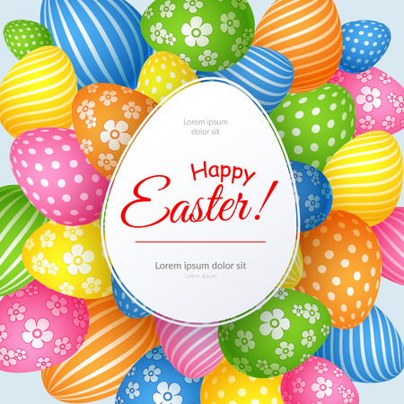 A poster with the text Happy Easter on the background of decorative colored Easter eggs Creative template for advertising cards banners for the Easter holiday Pattern made of decorative eggs Vectorのイラスト素材