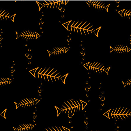 Skeleton of a floating fish with bubbles on a black background.のイラスト素材