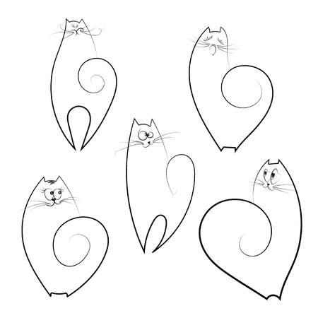 Funny cute emotional cats Linear creative drawing of domestic animals A group of strange cats isolate Element of design sketch contour creative logo kitten Vector linear drawingのイラスト素材