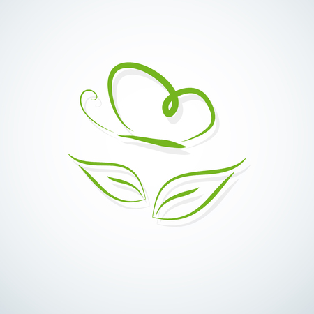Eco icon green butterfly symbol Lines of a silhouette of a butterfly over a leaf on a light background Modern graphic design logo eco spa company Beauty ecology concept Smooth shape Vector icon logoのイラスト素材