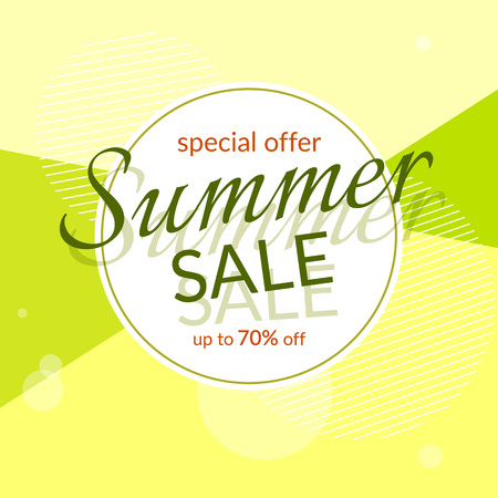 Round banner Summer sale special discount 70% off on a modern geometric background Summer bright colors Design template advertising seasonal summer sales offers discounts Vector colorful tag bannerのイラスト素材