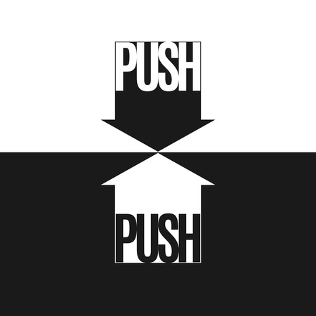 Arrows with the text Push Sign symbol icon in the form of a directed down up arrow For printing on packaging box web site navigation downloading assembly schemes instruction Isolated icon arrow Vectorのイラスト素材