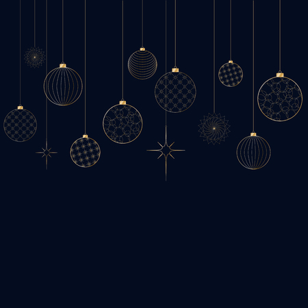 Ornament of decorative light New Year's golden balls for Christmas and New Year Pattern for postcard invitation advertising Winter festive background Empty graphic template Heder Vector illustrationのイラスト素材