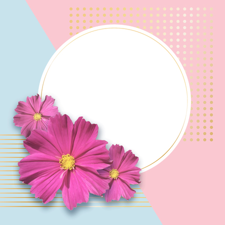 Summer empty round banner on a bright background of gold specks lines and flowers of chamomile Banner design element for spring cards summer sales March 8 Mother's Day Vector summer spring bannerのイラスト素材