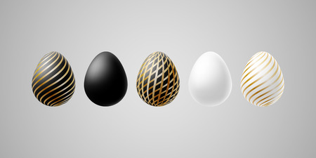 Bright modern luxury Easter eggs Set of white black gold elegant egg with spiral lines pattern on a light background Egg design element for Easter card sale Vector golden luxury spring Easter Eggsのイラスト素材