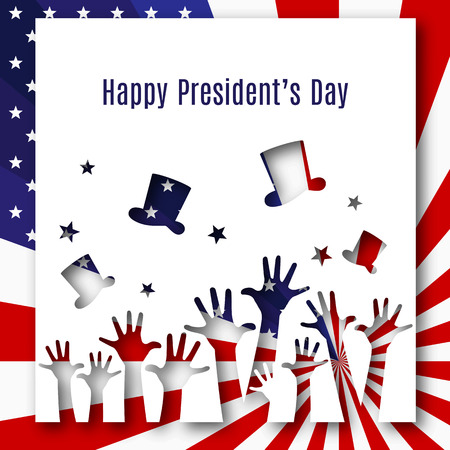 Happy President day text banner hands hats on american flag background Patriotic american theme USA flag pattern stars stripes Design element for President's Day Patriotic background wallpaper Vectorのイラスト素材
