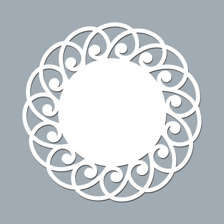 Lace doily laser cut paper Round pattern ornament Template mockup of a white lace doily napkin lasercut frame Design element for lasercut elegant vintage invitation banner Vector laser cut round doilyのイラスト素材
