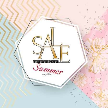 Summer sale banner Elegant beauty luxury golden sale text on a flowers specks background Luxury theme card banner for advertising sale promo discount Beauty spring summer theme of fashion sale Vectorのイラスト素材