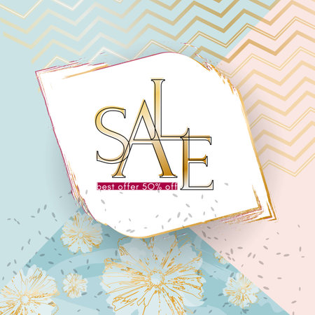Beauty sale banner Elegant luxury golden sale text on a summer flowers specks background Luxury theme card banner for advertising sale promo discount Beauty spring summer theme of fashion sale Vectorのイラスト素材