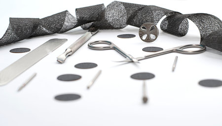 Mockup of metal tools for manicure on a white background.の写真素材