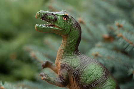 Toy green dinosaur in the jungle. Green background.の写真素材