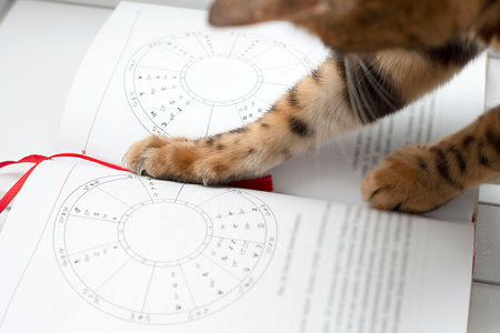 Animal influencer. Beautiful striped paws of a Bengal cat lie on a book about astrology and zodiac signs.の写真素材