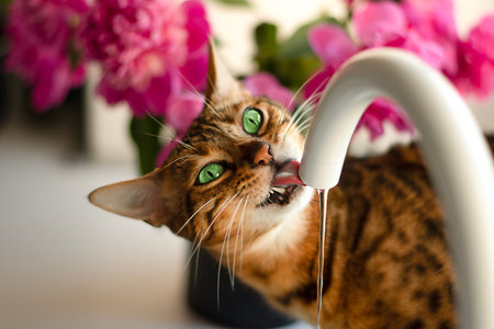 Animals. A beautiful bengal cat with emerald or green eyes drinks water from the tap in the kitchen. Against the background of a window and flowers of magenta peonies. Concept.の写真素材